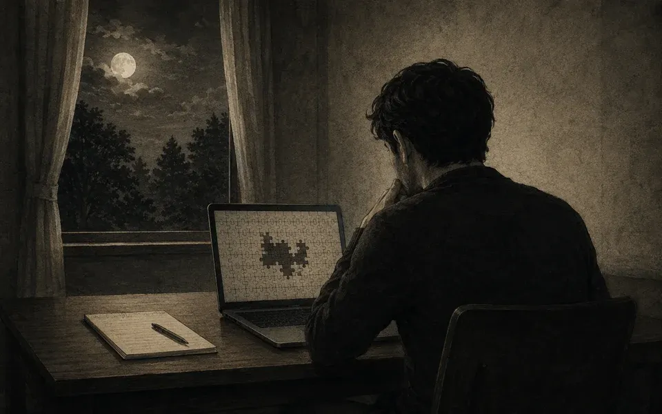 満月の夜、窓辺の机でノートPCのパズル画面に向かう後ろ姿の人物のイラスト。傍らにメモ帳とペンだけが置かれ、一人静かに謎を解いているひとときを表現。
